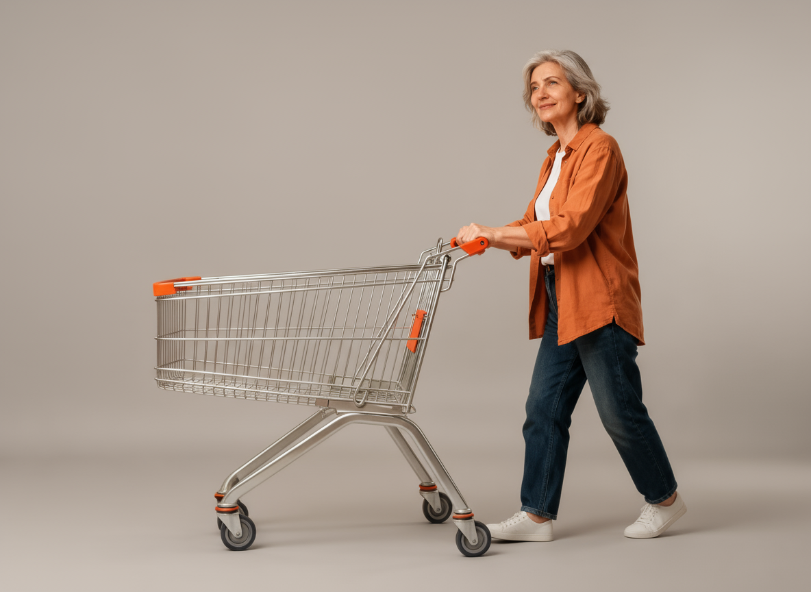 Freepik show me this woman withe shopping cart on a neutra 77066