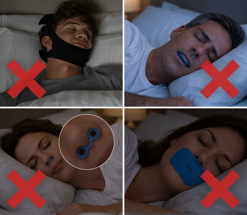 Many people give up on mouthpieces, straps, and tape. Source: SnoreStop