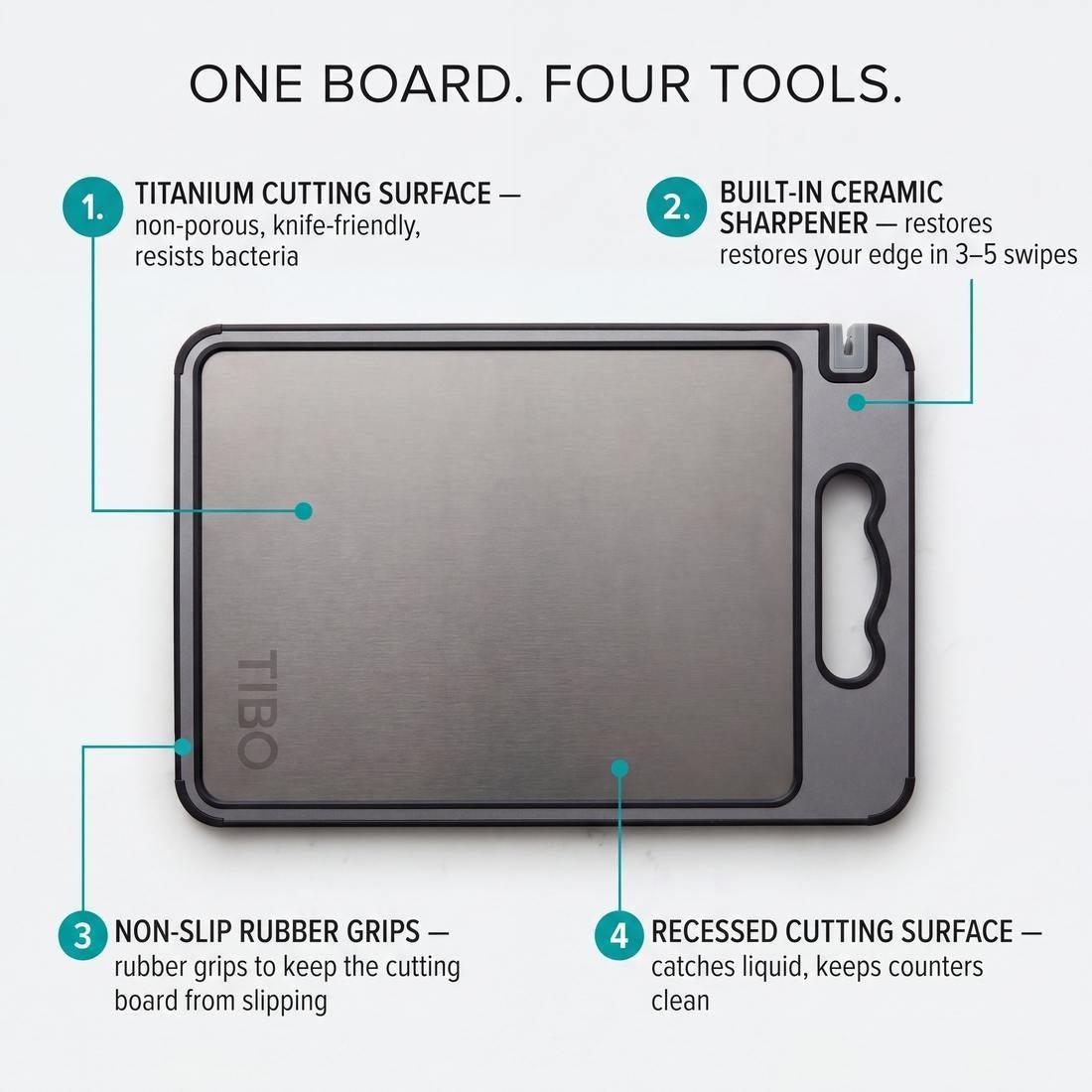 One board, four tools: titanium surface, ceramic sharpener, non-slip grips, recessed surface