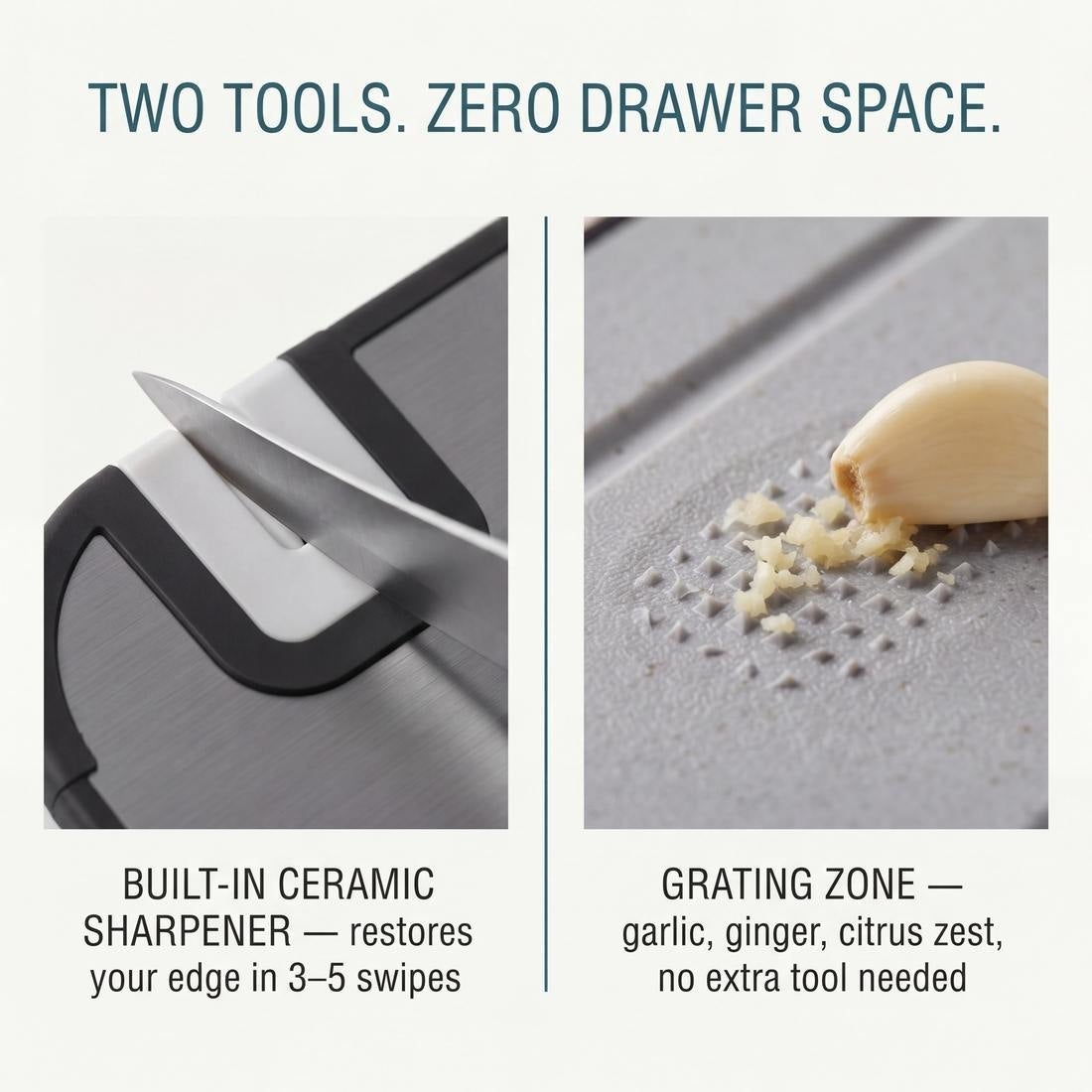 Built-in knife sharpener and garlic grating zone