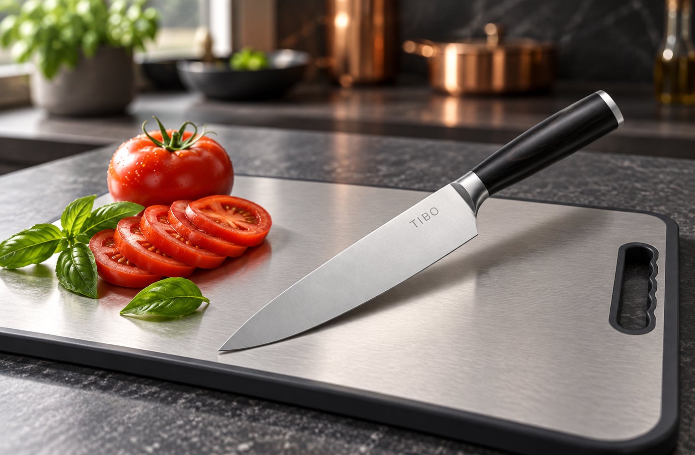 Free TIBO chef knife on the titanium board with sliced tomato